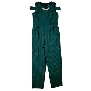 Alexa B Nites Jumpsuit Womens Size 14 Green Gold Striped Cold Shoulder Zip Up